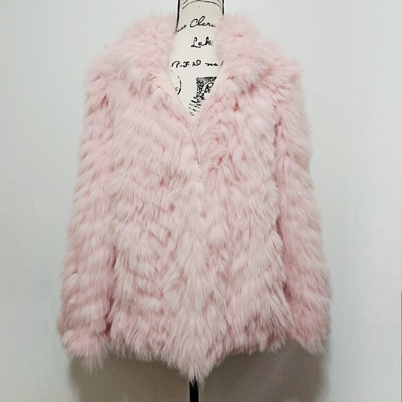 NewReal Striped Knitted Fox Fur Cape Jacket Cherry Blossom Pale Baby Pink NoMink - Picture 1 of 6